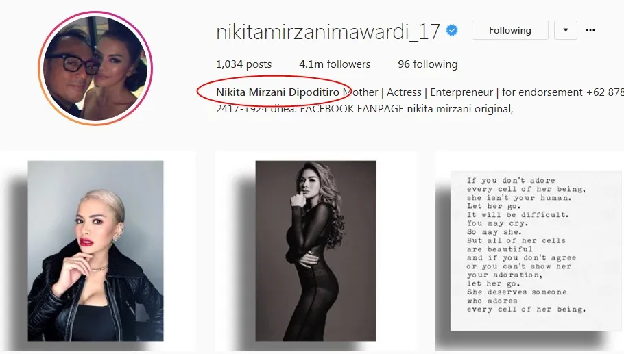 Nikita Mirzani ganti nama belakang di instagram. cr: instagram.com/nikitamirzanimawardi_17