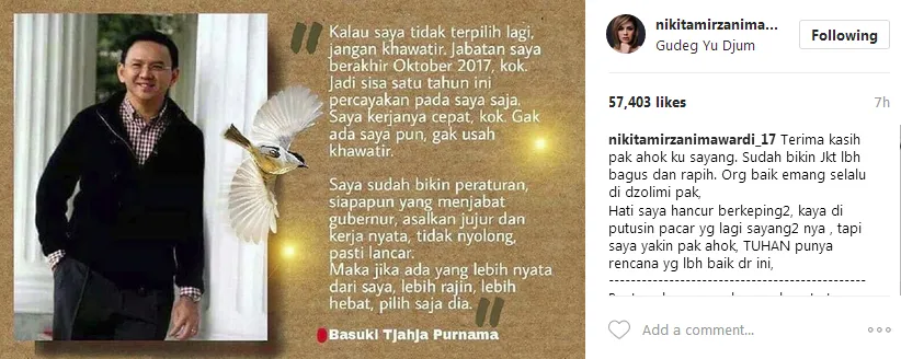 Niki ungkapkan kekecewaan atas kekalahan Ahok © Instagram/nikitamirzanimawa