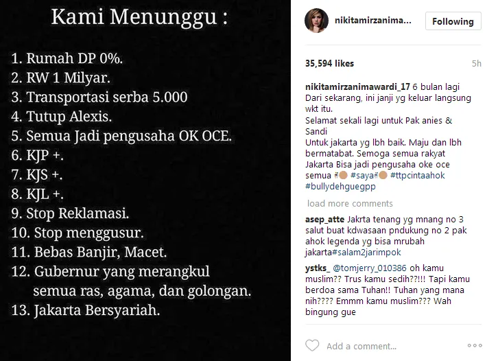 Nik tagih janji-janji Anies © Instagram/nikitamirzanimaw