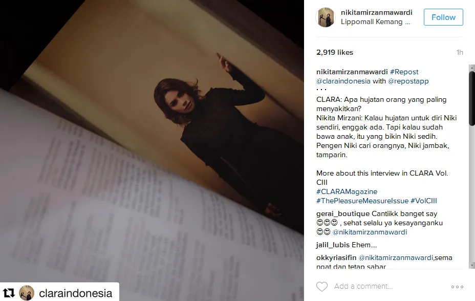 Niki jadi salah satu bintang di edisi terbaru majalah Clara © Instagram/nikitamirzanmawardi