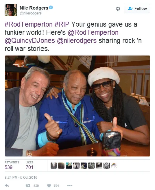 Sejumlah musisi dunia ikut berbela sungkawa atas kepergian Rod Temperton © twitter.com/nilerodgers