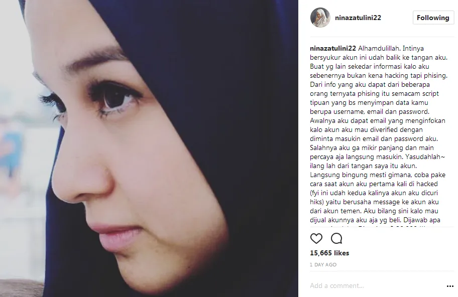 Nina curhat tentang akunnya yang kena phising pihak tak bertanggung jawab © Instagram/ninazatulini22