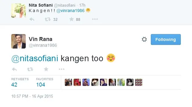 Vin Rana dan Nita Sofiani kangen-kangenan. @twitter/vinrana1986