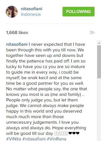 Curhatan Nita, siap nikahi Vin Rana? ©instagram/nitasofiani