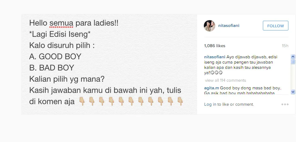 Ini dia polling yang diadakan Nita untuk follower wanitanya, kamu pilih mana? © Instagram.com/nitasofiani