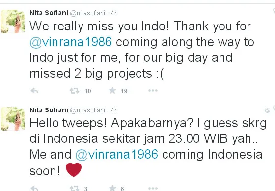 Nita Sofiani akan membawa serta Vin Rana saat pulang ke Indonesia © Twitter.com/nitasofiani