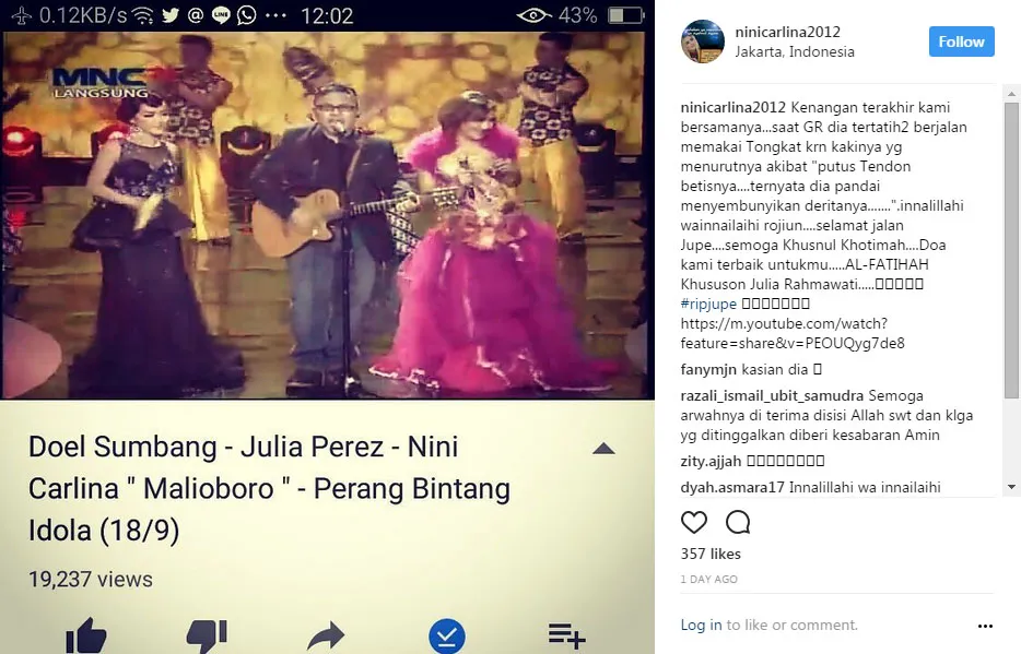 Nini Carlina kagum dengan tegarnya Jupe © instagram.com