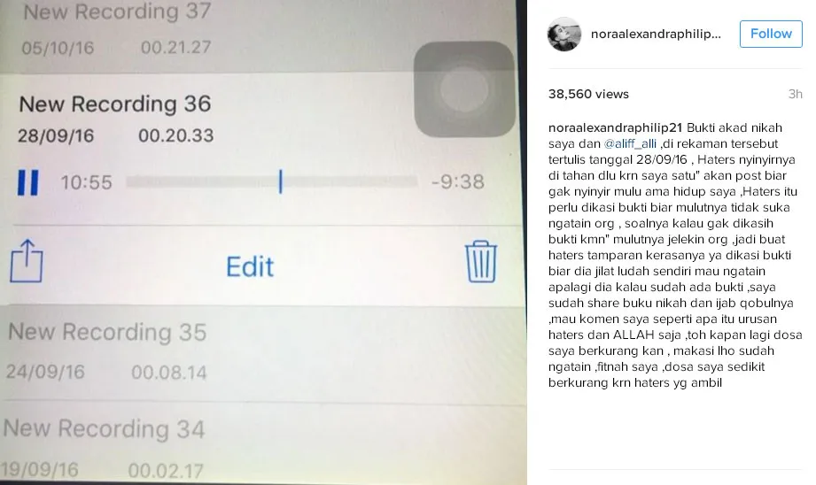 Nora memposting rekaman suara saat prosesi ijab qobul. ©Instagram/noraalexandraphilip21