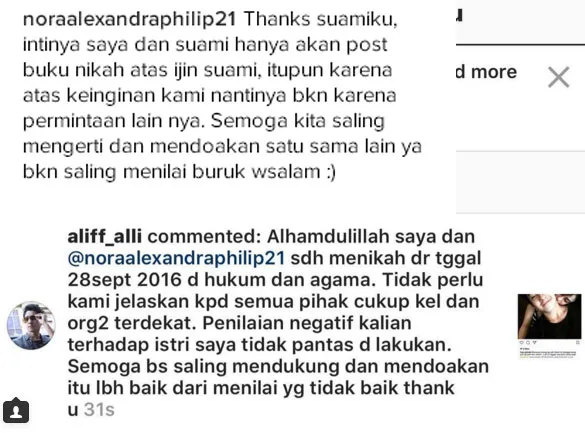 Nora dan Aliff Alli angkat bicara soal rumor tuduhan mereka belum menikah. ©Instagram/noraalexandraphilip21
