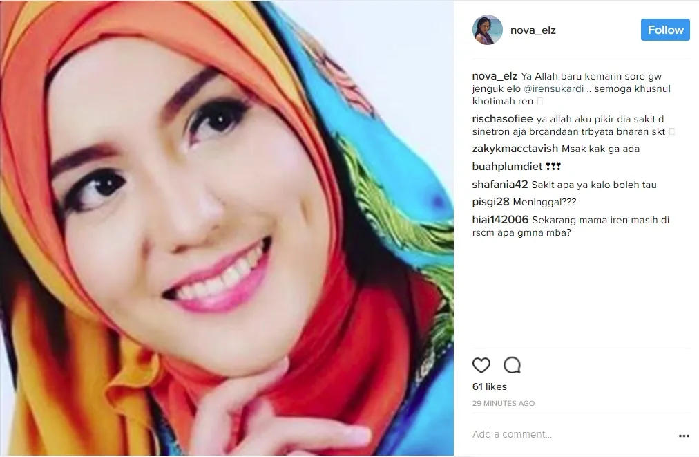 Artis Nova Eliza sempat menjenguk Renita sebelum meninggal dunia. © instagram.com/nova_elz