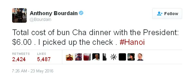 Menu dinner Obama ternyata murah meriah © Twitter.com/Bourdain