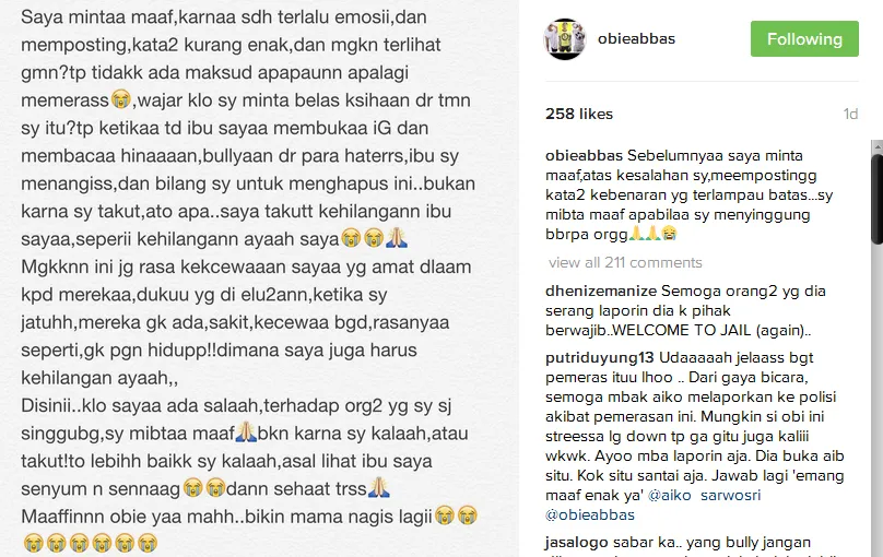 Permintaan maaf Obbie © Instagram/obieabbas