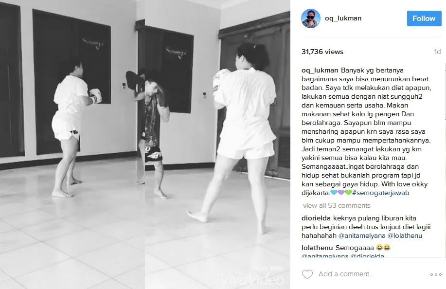 Okky Lukman menuliskan sebuah pesan rahasia turunkan berat badan. Yakni, olahraga dan gaya hidup sehat! /©instagram.com/oq_lukman