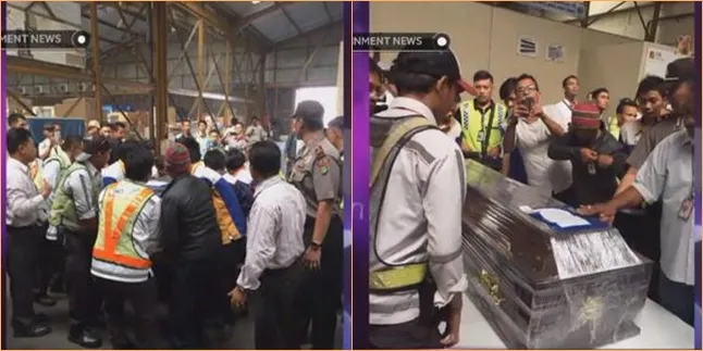 Beginilah proses pengangkatan peti jenazah Olga Syahputra saat di Bandara Soekarno Hatta. @twitter.com/netmediatama