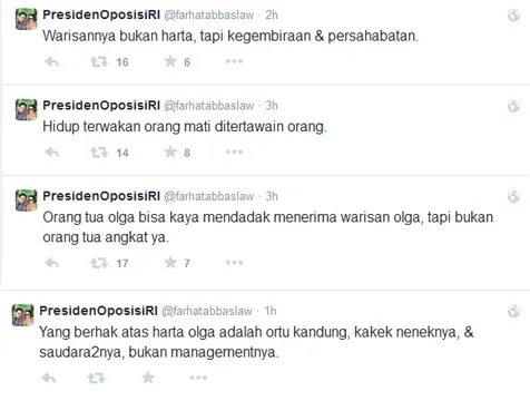 Kicauan Farhat soal warisan Olga. @twitter/farhatabbaslaw