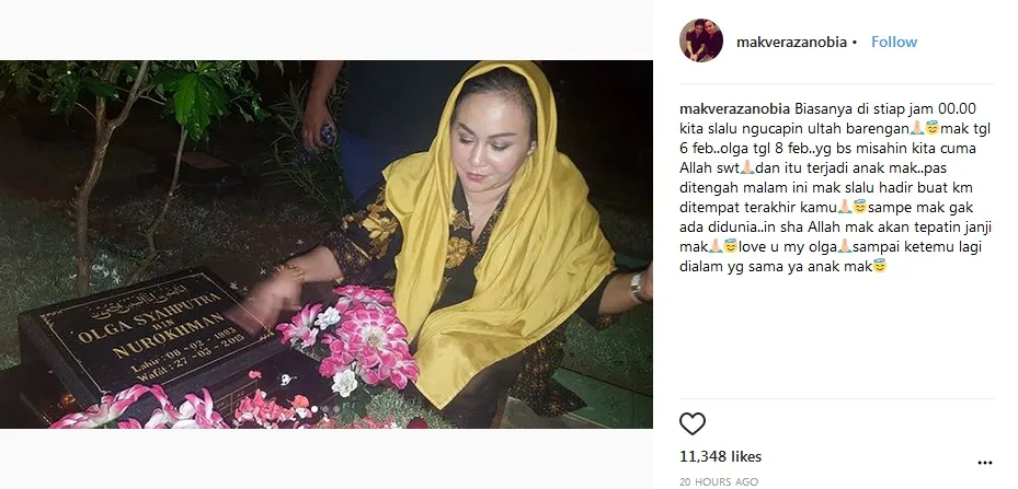 Mak Vera juga mengunjungi makam almarhum Olga Syahputra di tengah malam saat pergantian hari. Credit: via instagram.com/makverazanobia