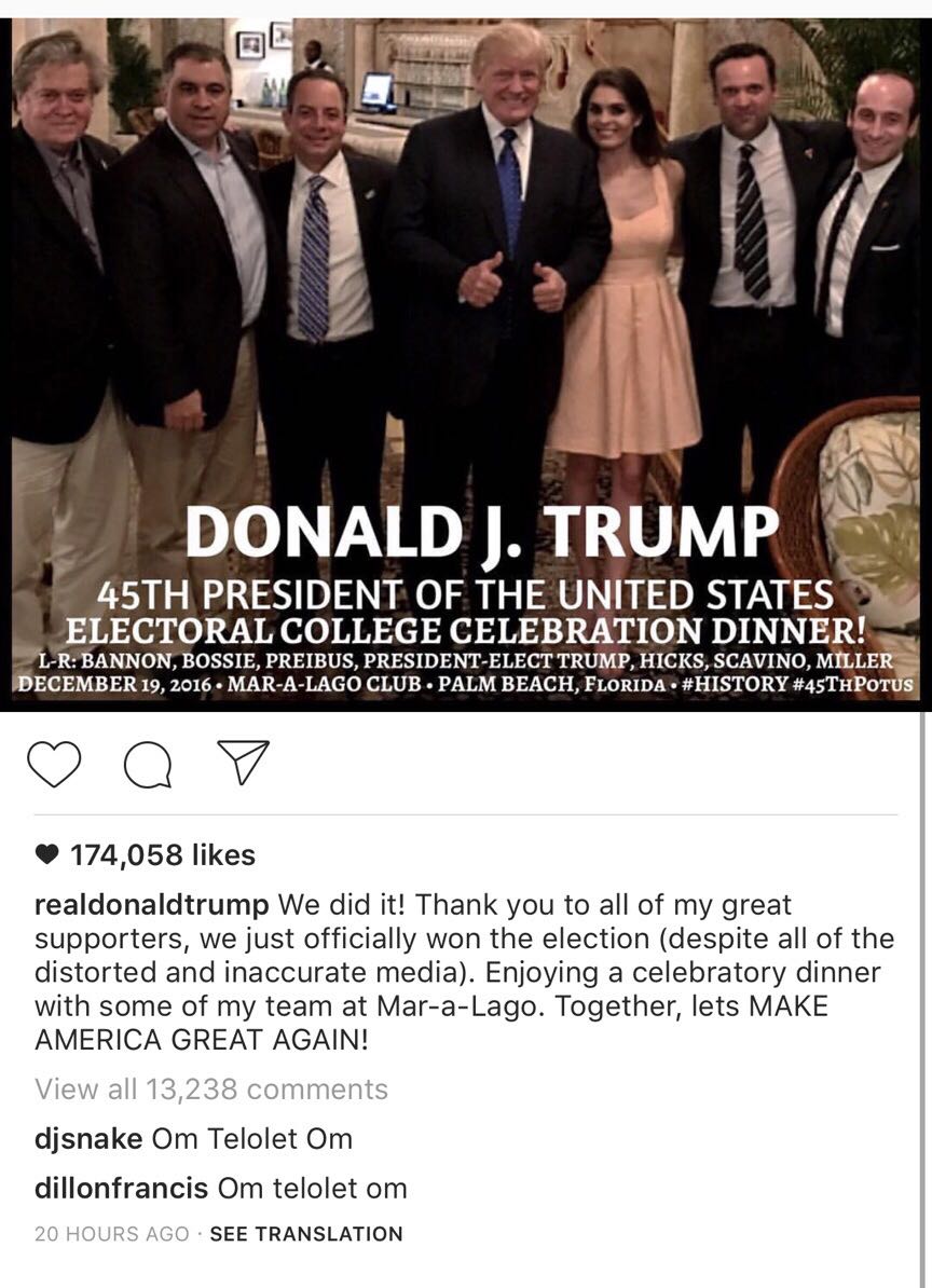DJ Snake dan Dillon Francis mengomentari foto Donald Trump dengan 'Om Telolet Om' © instagram.com/realdonaldtrump