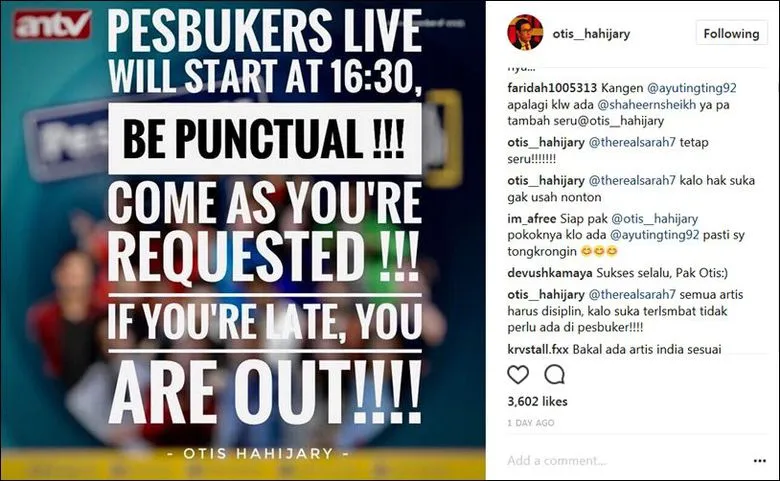 Sindiran Otis untuk Ayu? © Instagram/otishahijary