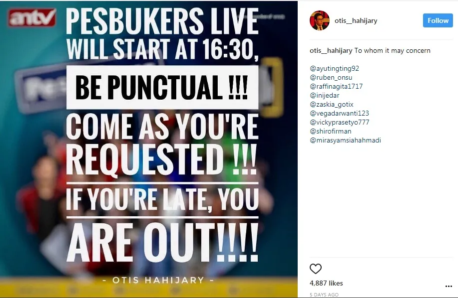 Postingan Otis Hahijary agar artisnya tidak telat. ©instagram.com/otis_hahijary