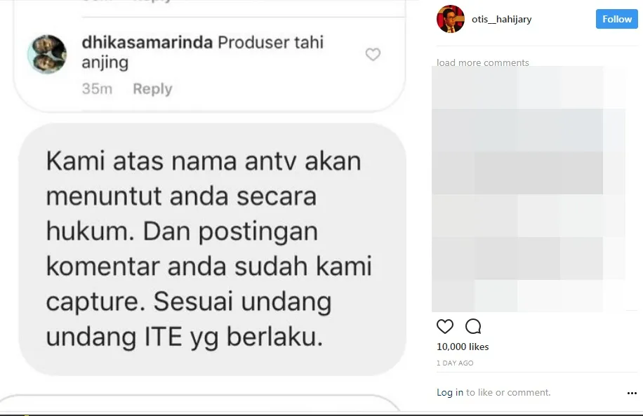 Postingan Direktur Otis Hahijary terkait pihak ANTV yang berniat laporkan haters. 姆nstagram.com/otis_hahijary