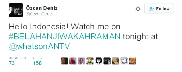 Ini kicauan Ozcan Deniz saat tahu serial yang dibintanginya tayang di Indonesia © Twitter.com/OzcanDeniz