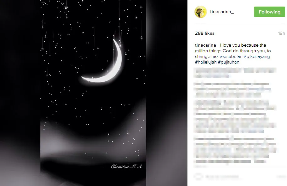 Pacar Mike Mohede unggah pesan manis di Instagram © Instagram.com/tinacarina_