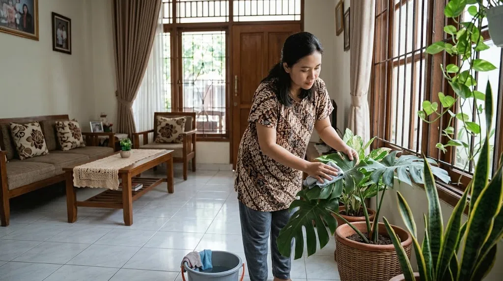 Membersihkan tanaman hias. [AI Generated]