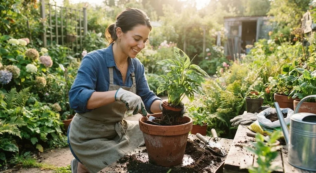wanita memasukkan tanaman ke pot baru/AI Generated
