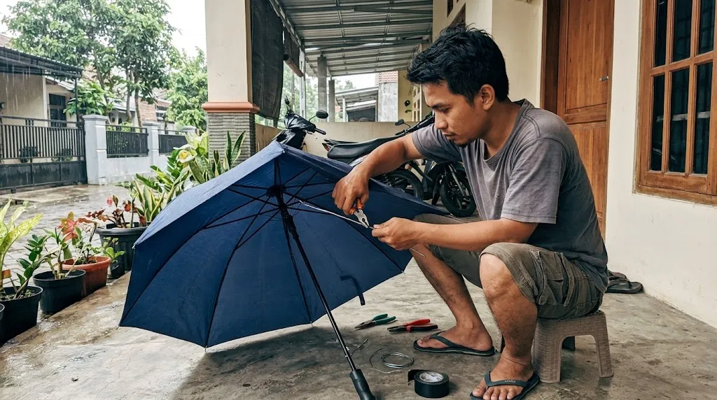 Memperbaiki payung rusak. [AI Generated]