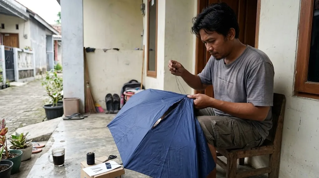 Memperbaiki payung rusak. [AI Generated]