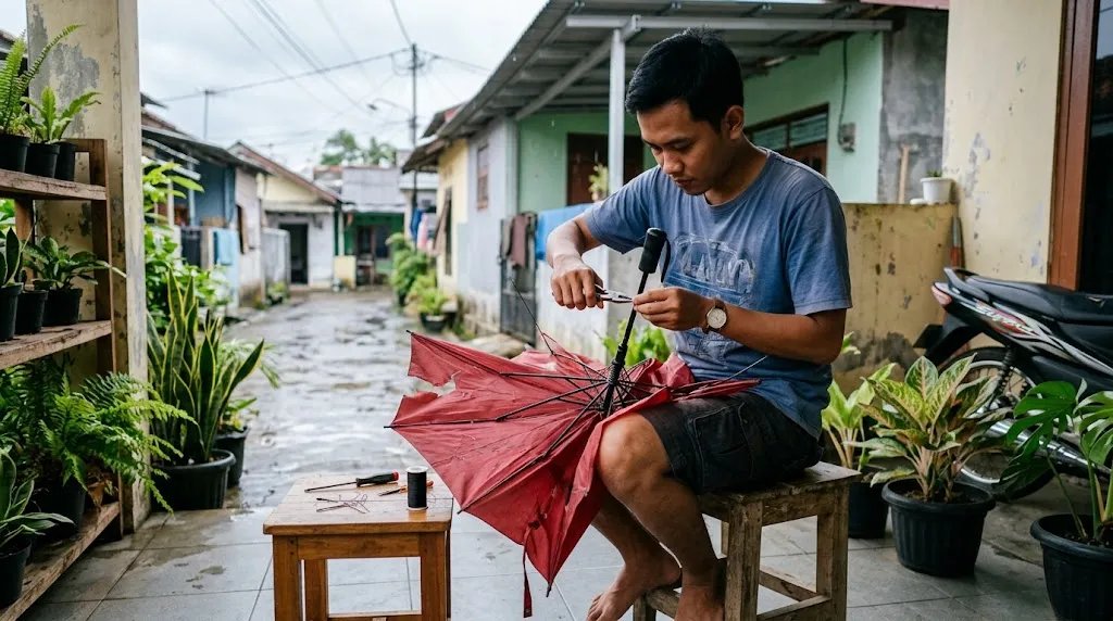 Memperbaiki payung rusak. [AI Generated]