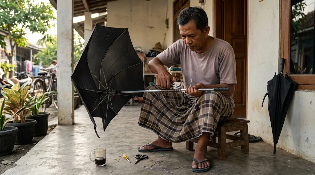 Memperbaiki payung rusak. [AI Generated]
