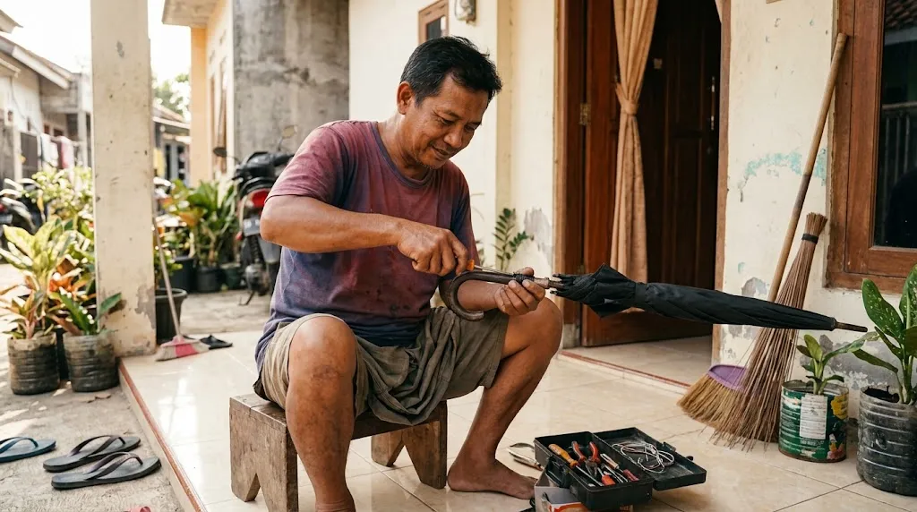 Memperbaiki payung rusak. [AI Generated]