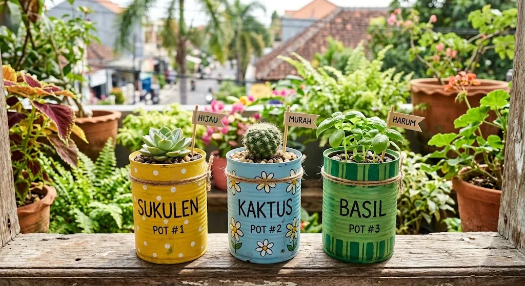Kaleng bekas menjadi pot tanaman mini. [AI Generated]