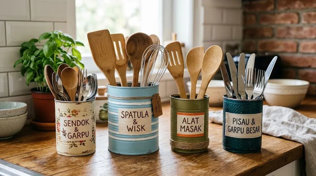 Kaleng bekas menjadi wadah peralatan dapur. [AI Generated]