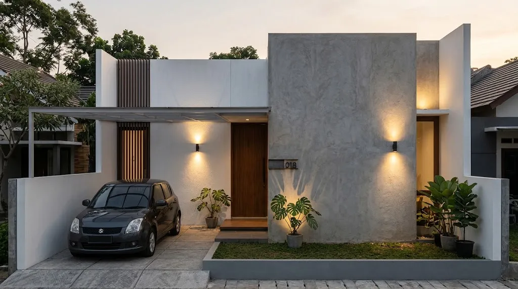 Rumah dengan Fasad Berlapis dan Teras Tersembunyi. (AI Generated)