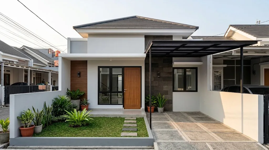 Rumah 5 Meter dengan Taman Depan Kecil. (AI Generated)