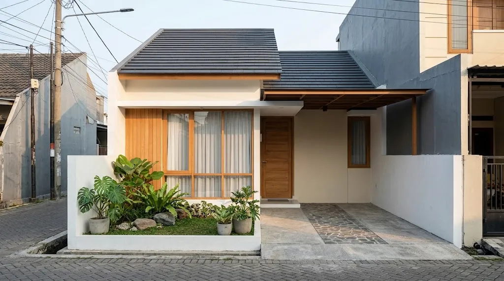 Desain Japandi dengan Atap Miring. (AI Generated)