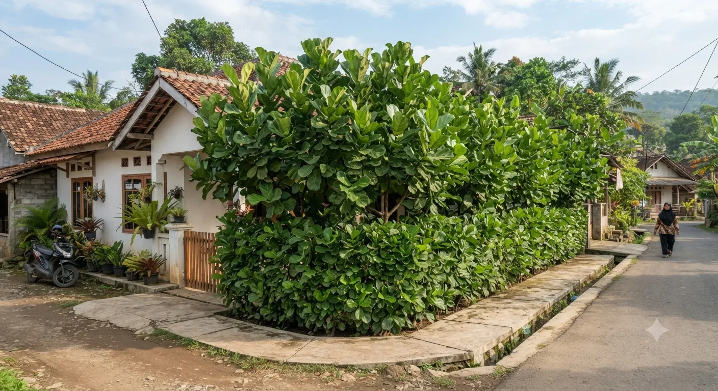 Jenis tanaman yang cocok untuk rumah hook, ampuh Jadi pagar alami untuk privasi dan penghijauan model ketapang biola - AI generated