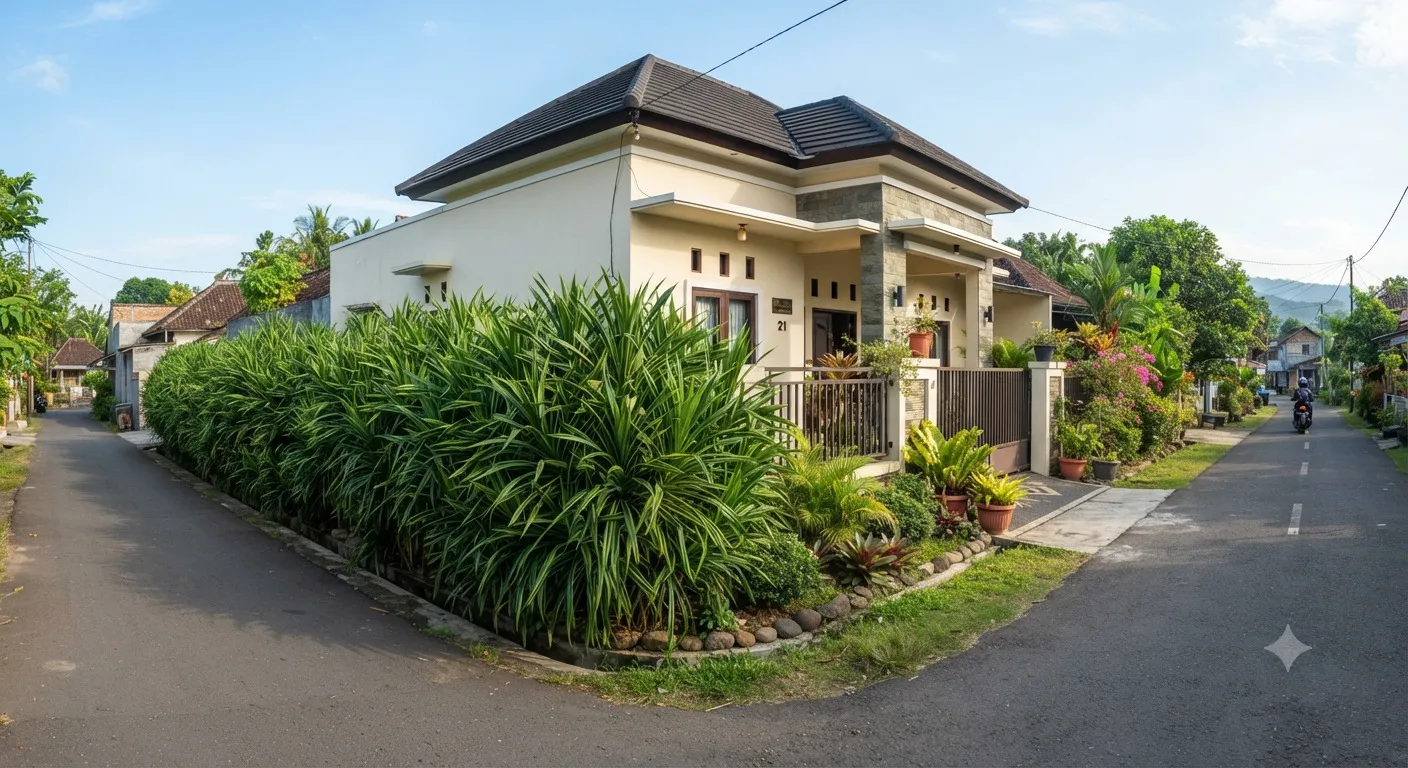 Jenis tanaman yang cocok untuk rumah hook, ampuh Jadi pagar alami untuk privasi dan penghijauan model pandan Bali - AI generated