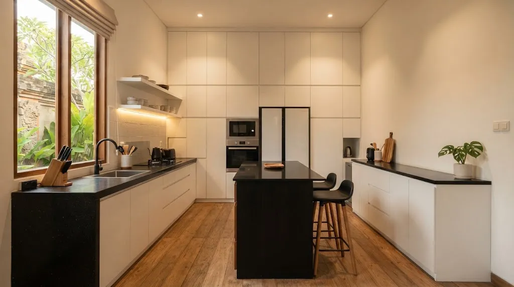 Kitchen Set Putih dengan Aksen Hitam. (AI Generated)