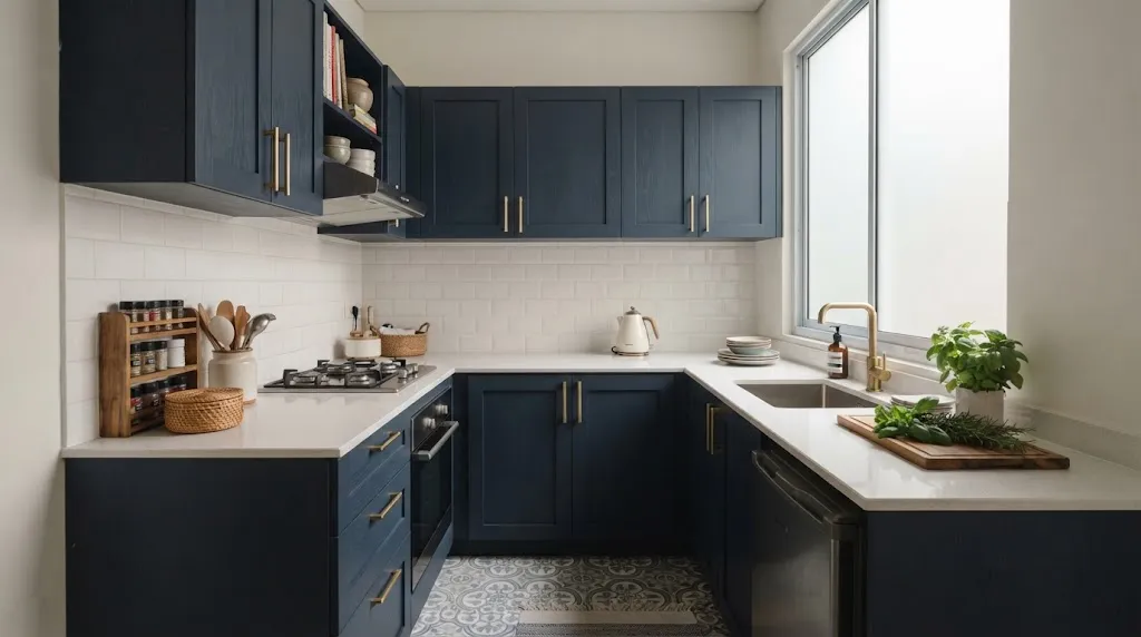 Kitchen Set Biru Navy dan Putih. (AI Generated)