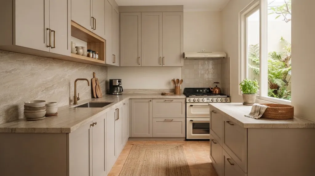 .Kitchen Set Mushroom dan Taupe. (AI Generated)
