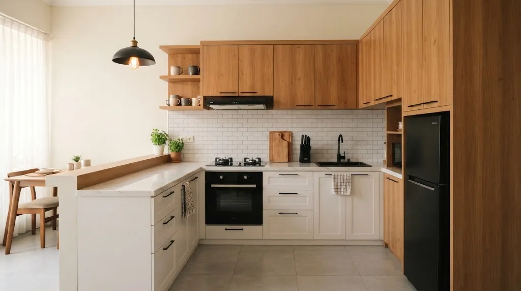 Kitchen Set Cokelat Kayu dan Putih. (AI Generated)
