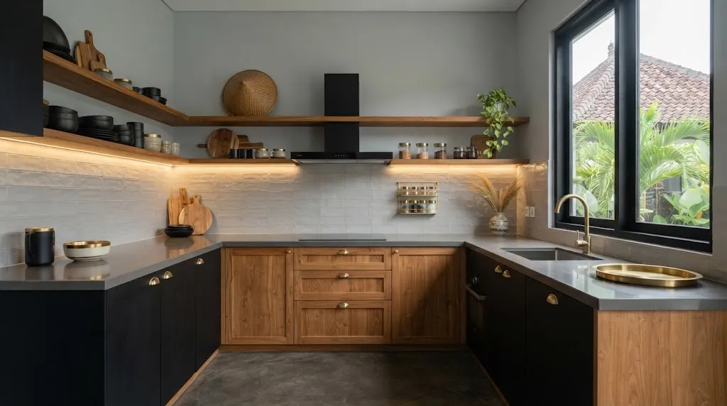 Kitchen Set Hitam dan Cokelat Kayu. (AI Generated)
