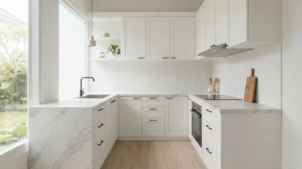 Kitchen Set Putih dengan Backsplash Senada. (AI Generated)