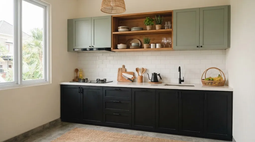 Kitchen Set Hijau Sage dan Kayu. (AI Generated)