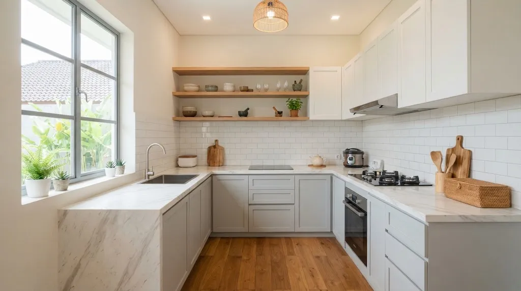 Kitchen Set Putih dengan Aksen Kayu. (AI Generated)