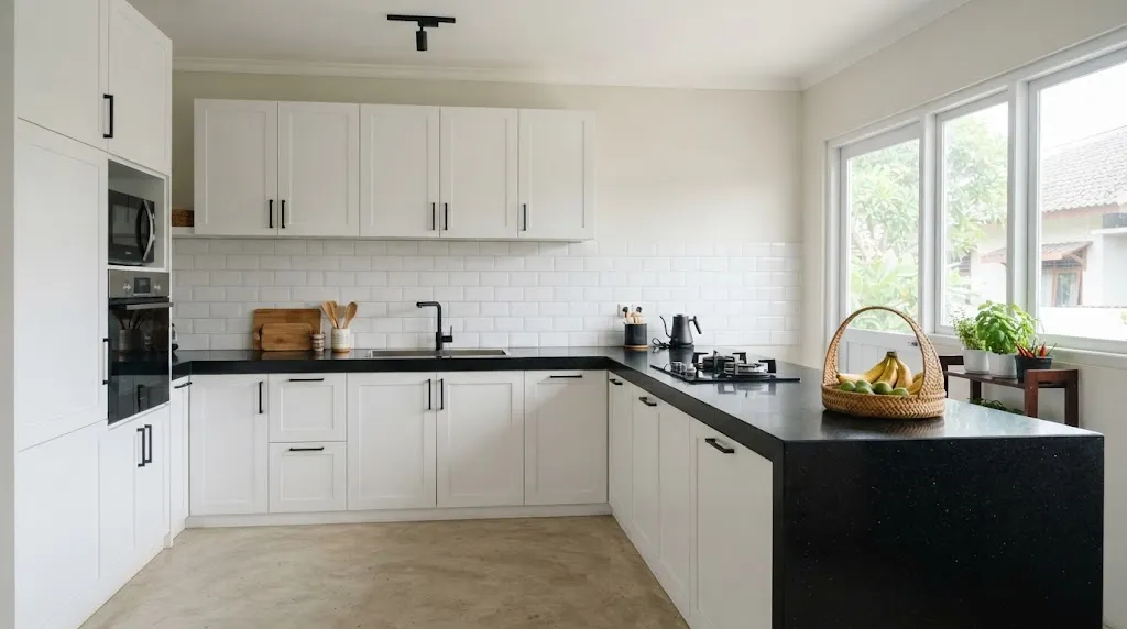 Kitchen Set Putih dan Hitam. (AI Generated)