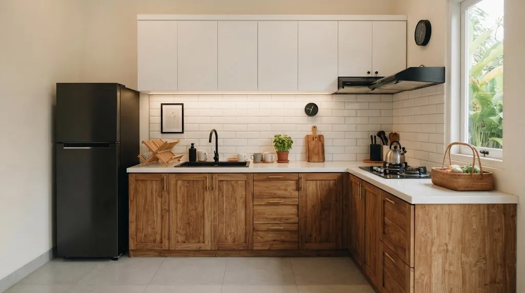 Kitchen Set Kayu dan Putih. (AI Generated)